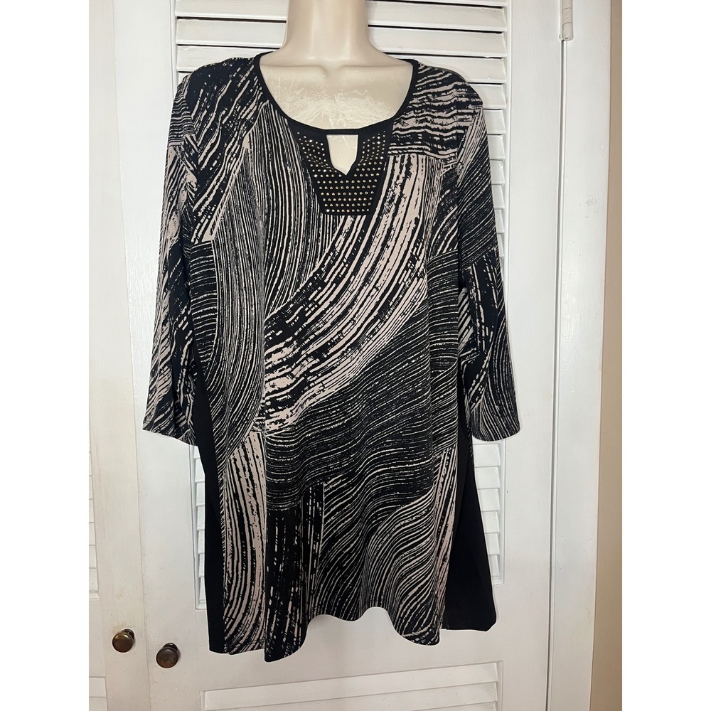 Elie McCarthy Woman Black Tan Abstract Print Studded Keyhole Tunic Top 2X S101XO